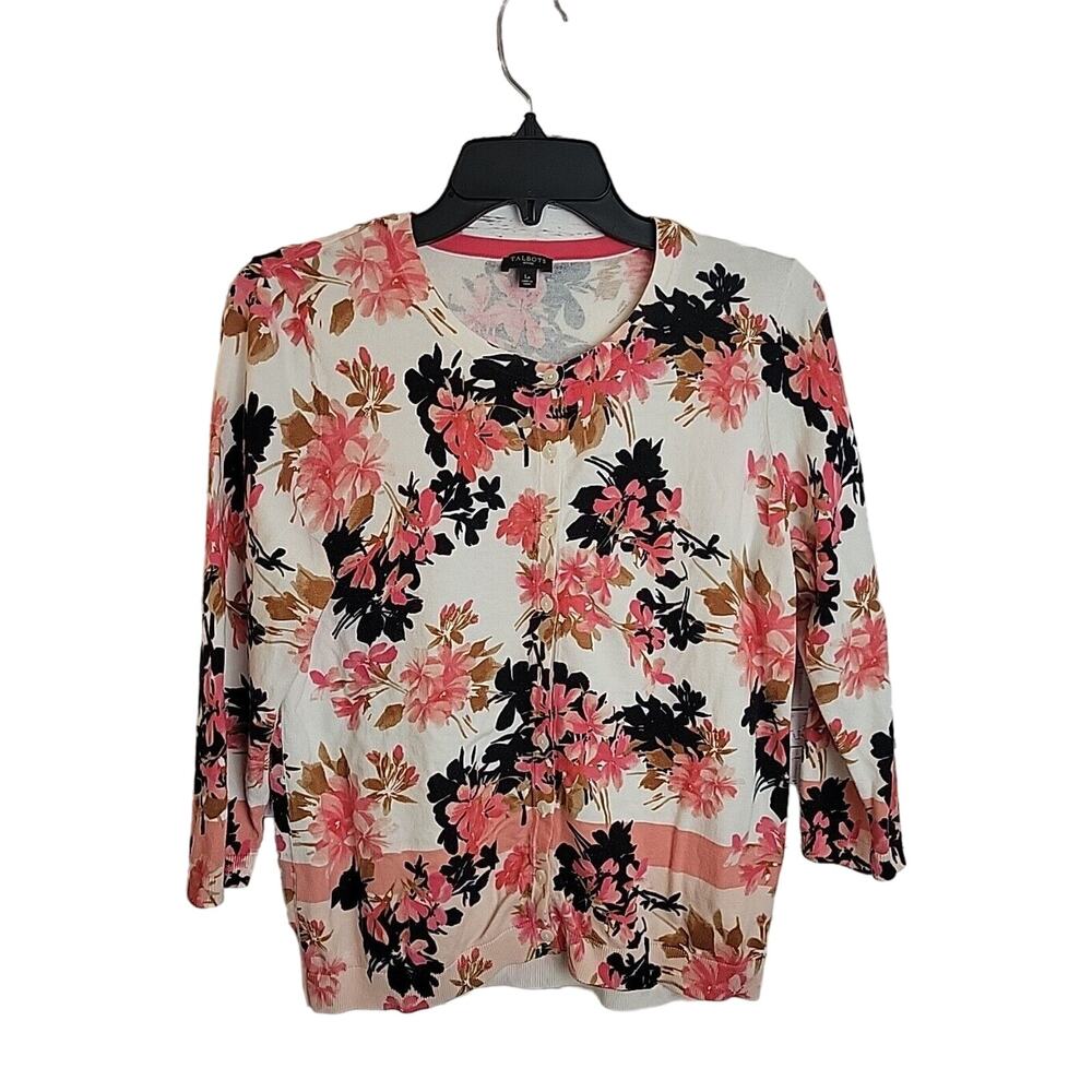 Talbots Pink Floral Knit 3/4 Sleeve Cardigan Sweater Women's Size Large Petite
